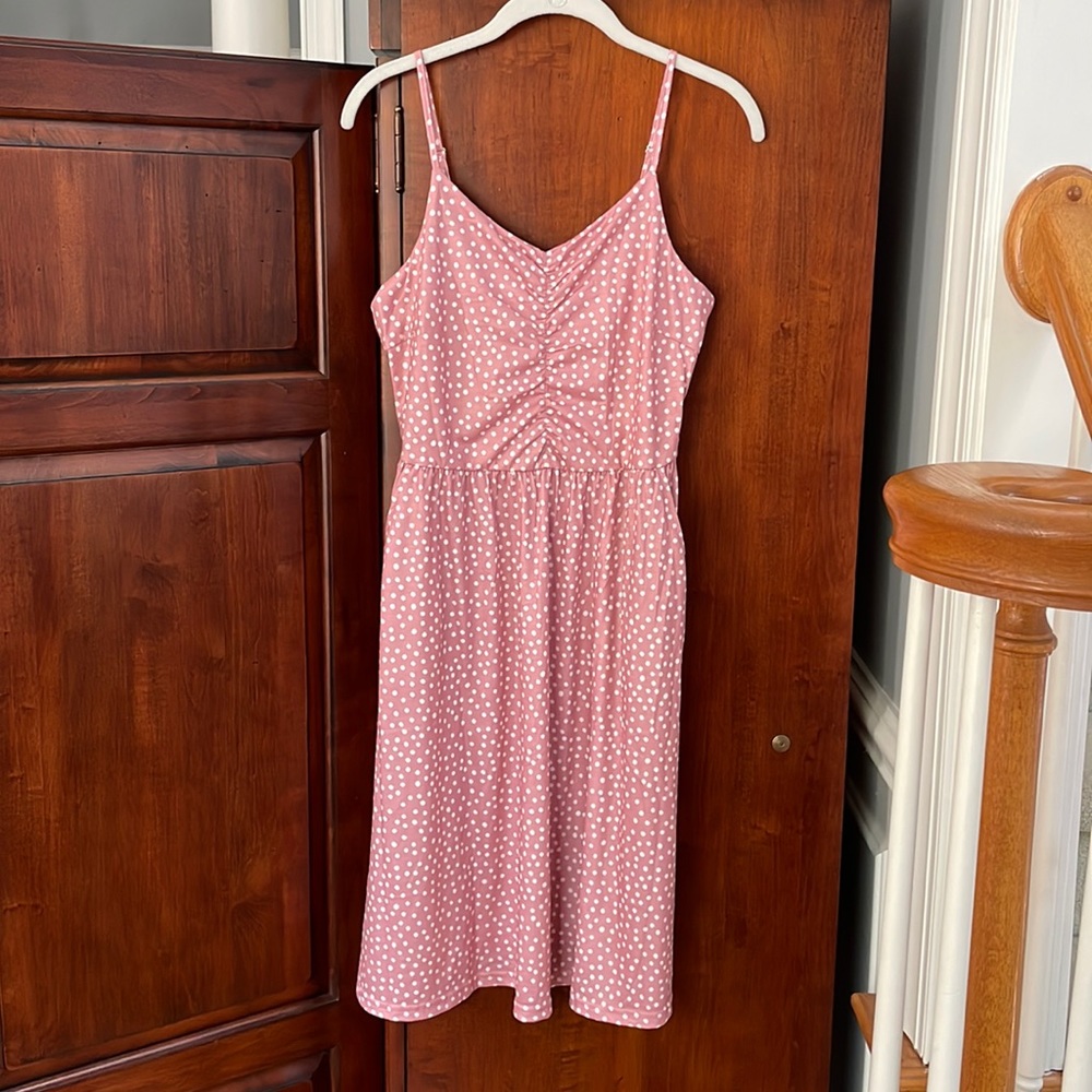 NWT Midi Polka Dot Adjustable Strap Ruched Front Dress - Picture 5 of 14